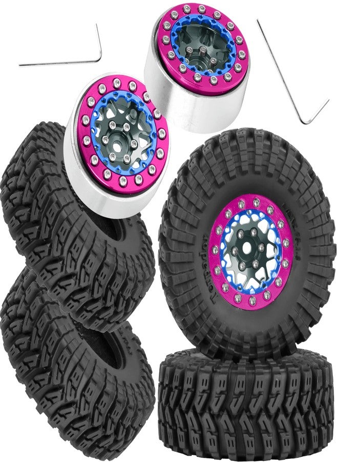 RCarmubWow 1.3 Beadlock Tire Set for 1/18 Trx4m,1/24 SCX24 FCX24 RC Crawler Car,1.3 Beadlock Wheels and Tires,Alloy Aluminium Wheels w/Swamp Claw Mud Terrain Rubber Tires,Titanium - Image 1